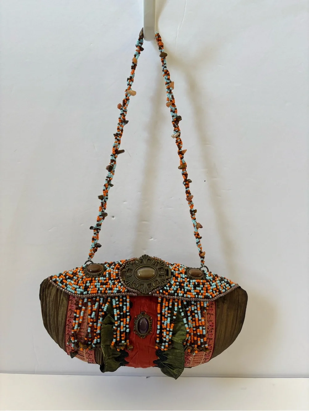 VNTG Mary Frances‎ Ember Oracle Beaded Ruffle Clutch Bag Artsy Brown Satin Fairy